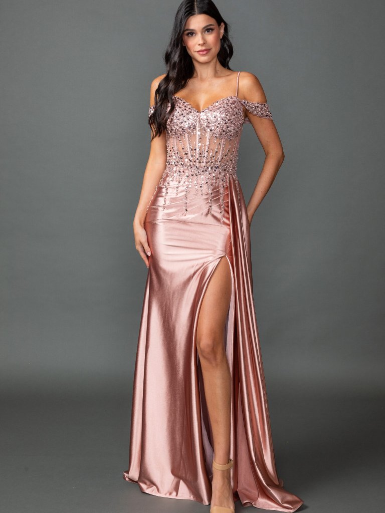 New Rose-Gold Evening Gown Floor Length Formal Elegant Stunning 4551